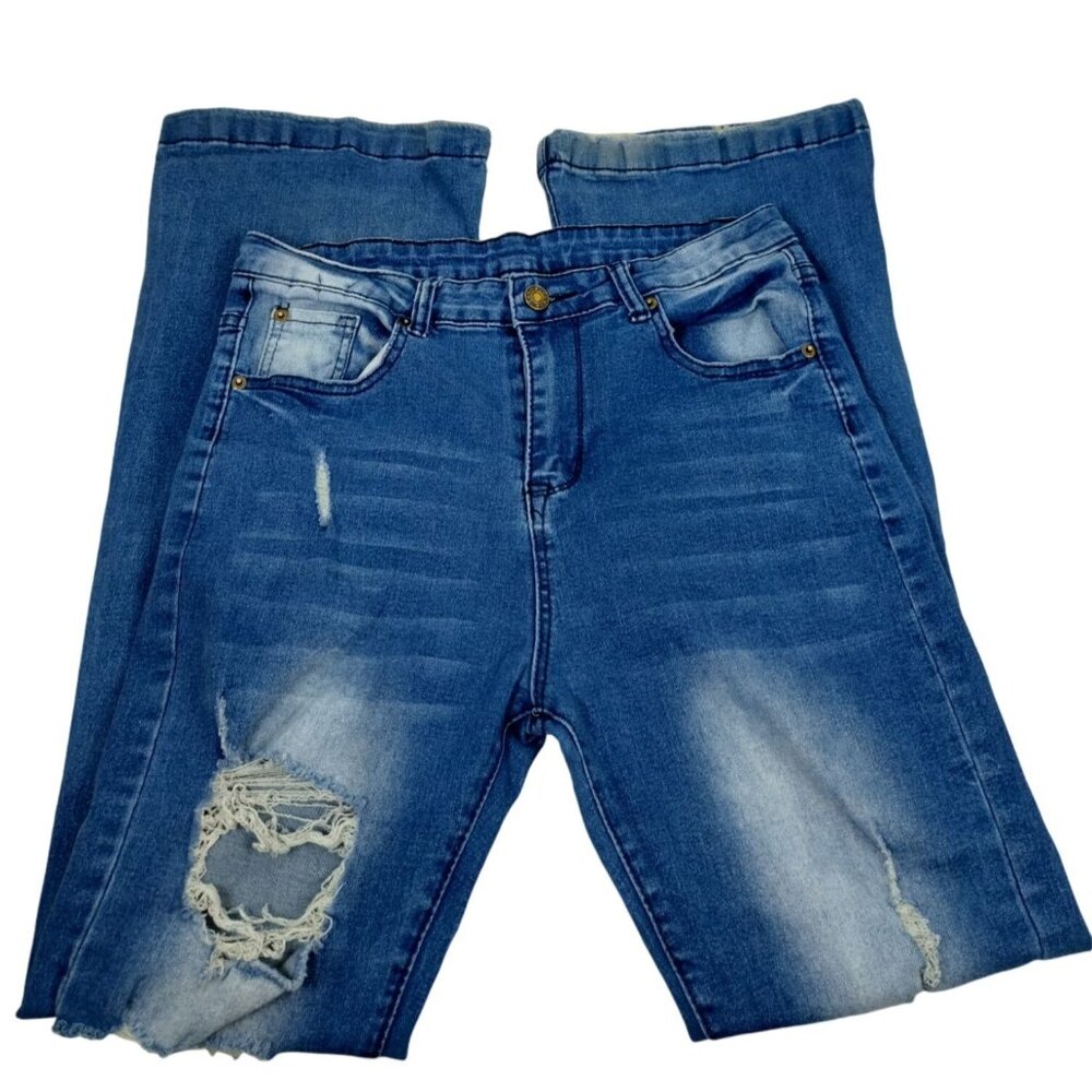 Distressed Juniors Large Flare Leg Jeans With Frayed Holes and Faded Accents